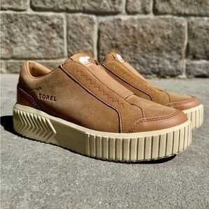 Sorel Women’s Suede Platform Slip-On Sneakers in Tawny Buff size 7US